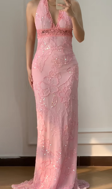 Vintage Sheath V Neck Beaded Pink Chiffon Long Prom Dress Evening Dress HZ1023
